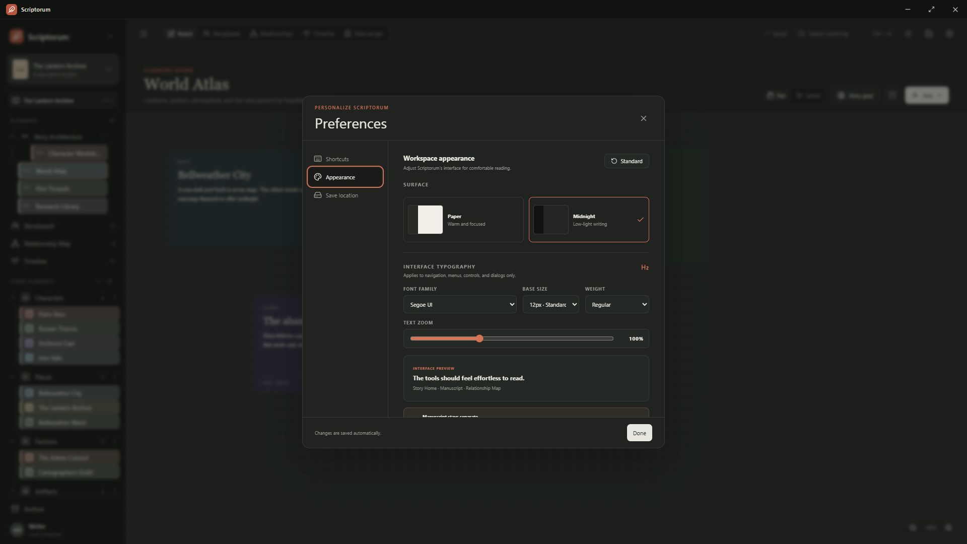 Scriptorum Preferences including the save-location controls