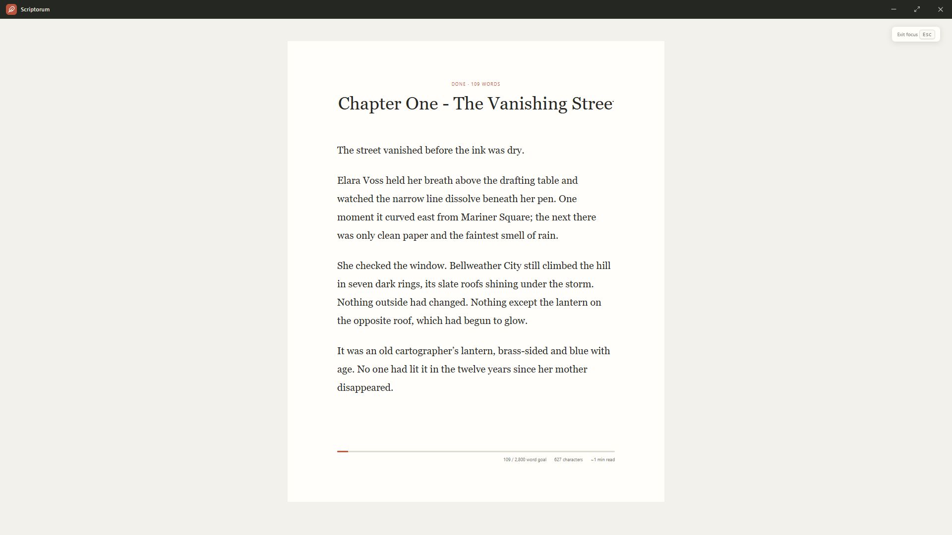 Distraction-free focus mode for drafting a novel chapter