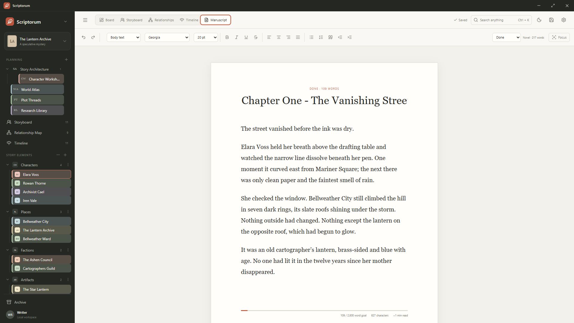 Novel manuscript editor with chapter navigation, word count, and rich-text controls
