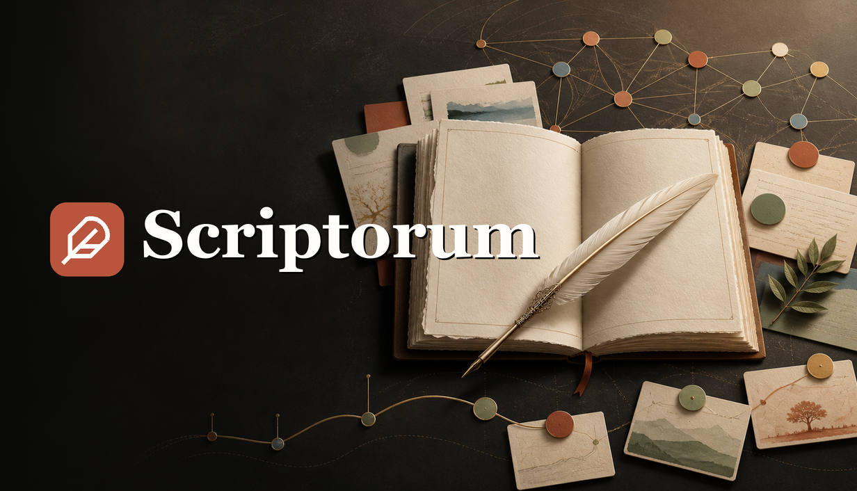 Scriptorum novel writing workspace with a manuscript surrounded by connected visual story notes